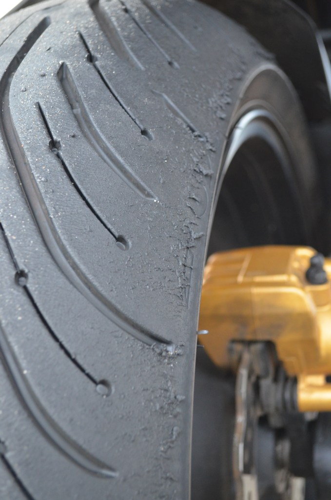 Rear tyre at the end of the day. Tyres are Pilot Power 4 GT's. They performed well but started to slip towards the end of the day as I got improved